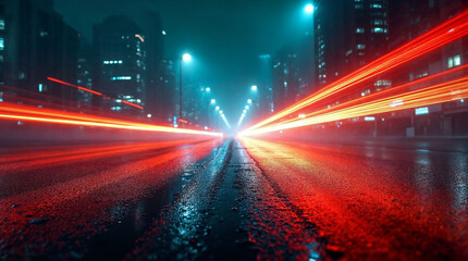Night city street with red light trails and wet asphalt reflecting neon lights in a futuristic urban scene