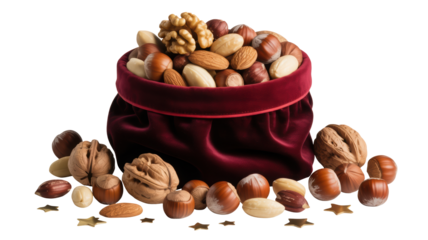 A luxurious assortment of mixed nuts including walnuts almonds and hazelnuts artfully arranged in a velvet container isolated on transparent background