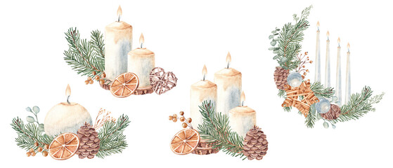 Christmas Advent Candle compositions set with fir branches, pine cones, winter berries, dry orange slices and toys. Watercolor illustration isolated on white background. For Cards and Prints, festive
