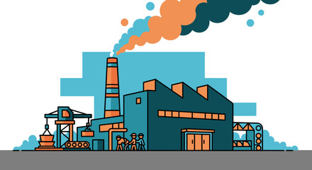 Stylized industrial factory illustration with chimney smoke representing production manufacturing and work