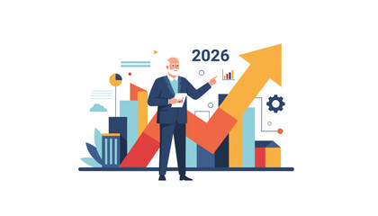 Senior executive shows 2026 growth forecast business strategy and financial success illustration