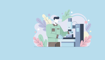 Researcher using complex scientific equipment in a modern stylized laboratory illustration
