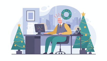 Stressed worker dealing with business pressure and burnout during the Christmas holiday season
