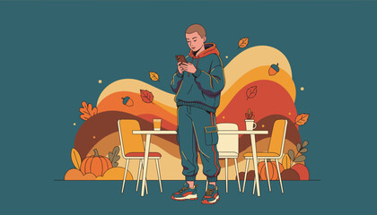 Young person in casual wear using a smartphone in an outdoor cafe during the fall season