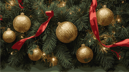 Christmas tree background with string of balls. Christmas bells. Isolated festive frame. Celebration vector background.