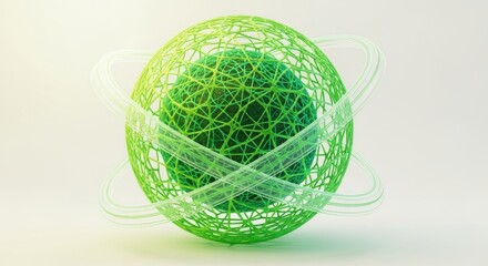 Stunning abstract green sphere with intricate cellular structure and orbiting rings symbolizing innovation, technology, and dynamic growth in a clean, modern aesthetic.