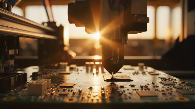 A precision machine delicately places a microchip onto a circuit board, showcasing advanced technology in action. This meticulous process highlights the importance of electronics i
