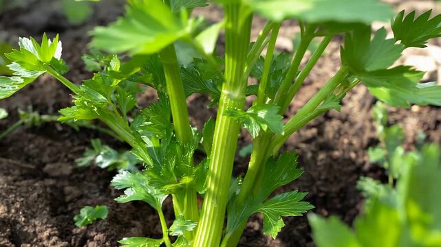 Fresh organic celery plant with bright green leaves thriving in a sunlit garden.