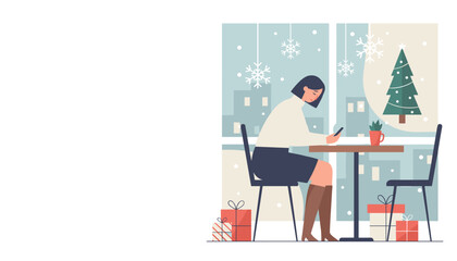Isolated woman uses phone during snowy Christmas Holiday depression vector illustration