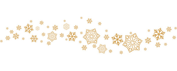Gold snowflakes border on a white background, perfect for elegant winter, Christmas, or holiday-themed stock photography and festive greeting card designs.