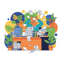 Overwhelmed elderly man stressed by huge stacks of office paperwork and chaos