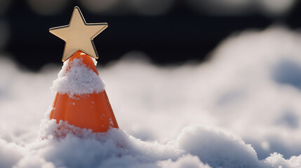 Festive cheer spreads unexpectedly! An orange safety cone, topped with a golden star and dusted with snow, creates a whimsical holiday scene. A surprise winter decor.