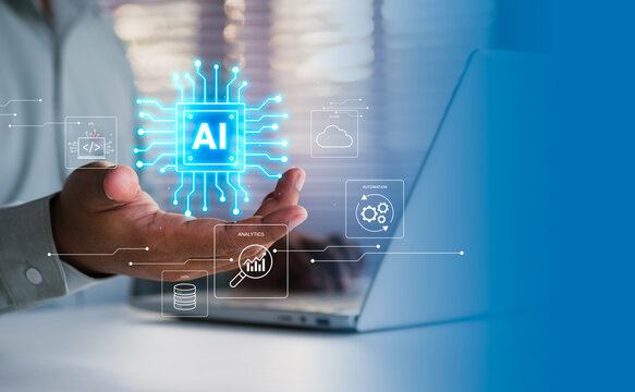 AI integration system connecting data, cloud, automation, API, and analytics through a central AI core, futuristic glowing circuit lines, Holographic UI overlay for business and technology solutions
