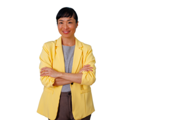 Asian businesswoman smiling confidently with crossed arms against a transparent background