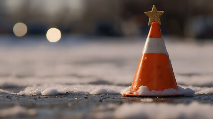 Festive construction! An orange cone, adorned with a star, becomes an impromptu holiday symbol, adding a touch of cheer to a snowy landscape, blending wit and winter.