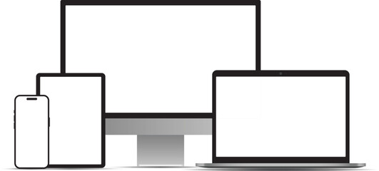 Modern multi-device mockup set. Set of smartphone, tablet, desktop and laptop display template in a flat vector style.