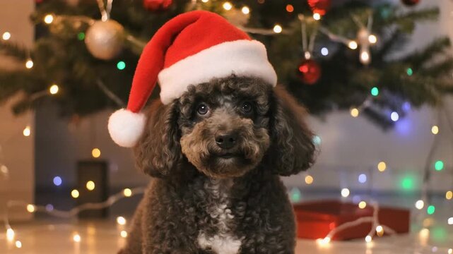 Ein niedlicher Pudel-Welpe sitzt unter einem festlich geschm&uuml;ckten Weihnachtsbaum