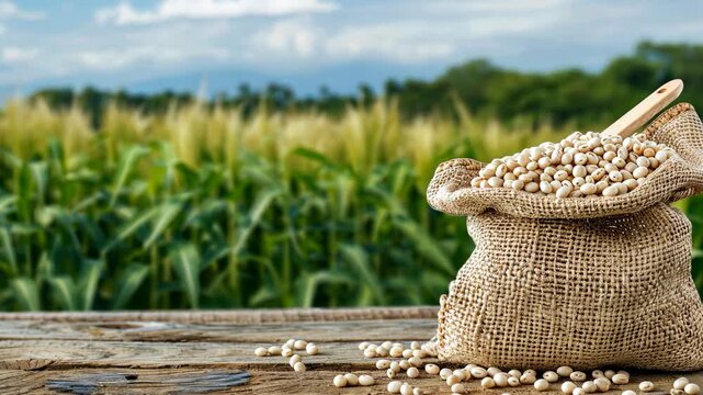 A burlap sack filled with grains sits on a wooden surface with golden crops swaying in the breeze under a bright sky