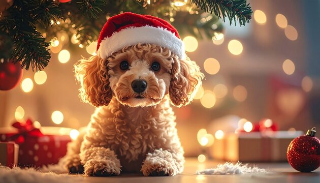 Ein niedlicher Pudel-Welpe sitzt unter einem festlich geschm&uuml;ckten Weihnachtsbaum