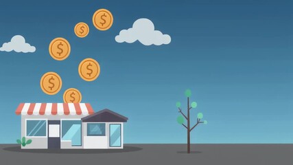 5-Second HD Animated Business Economy Flow Scene Featuring Small Shops, Floating Gold Coins, Dynamic Camera Movement, Bright Cartoon Style, Outdoor Sunny Environment, and Positive Financial Atmosphere