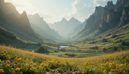 Breathtaking panoramic vista of a sun-drenched valley alive with vibrant yellow wildflowers leading towards majestic, mist-shrouded mountains, evoking peace and natural splendor.
