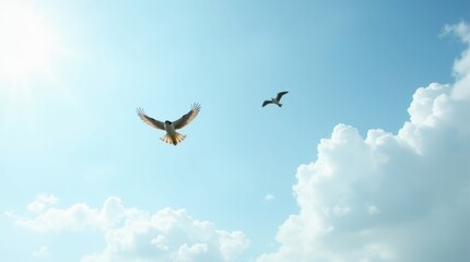 Birds soaring gracefully in clear blue sky with white clouds