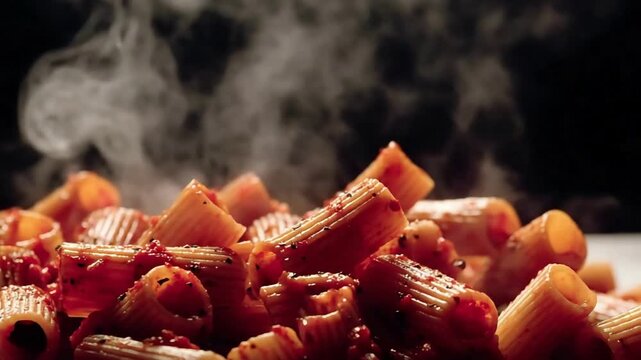 Delicious Steaming Rigatoni Pasta with Savory Tomato Sauce.