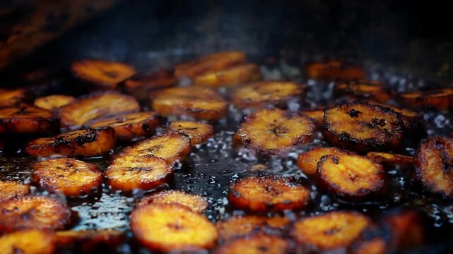 Sizzling Fried Plantains Browning in Hot Oil for Delicious Meal.