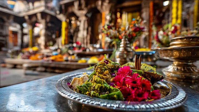Sacred Offering Plate with Flowers and Incense at a Temple Altar.