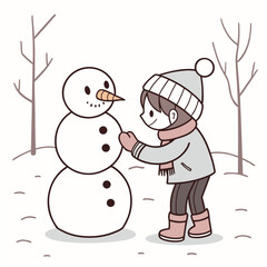 Child building a snowman in a winter wonderland
