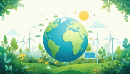 Vibrant Earth embraced by lush greenery, symbolizing a future powered by clean energy from wind turbines and solar panels.