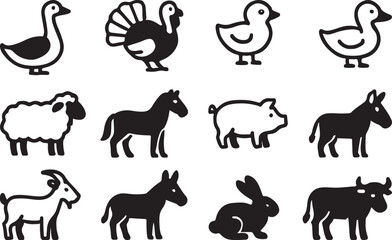 Farm Animals Black and line Icon Set – Goose, Turkey, Chick, Duck, Sheep, Horse, Pig, Donkey, Ox.