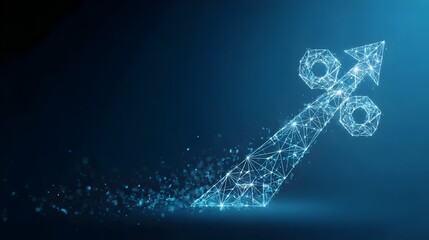 Abstract digital upward arrow and percent symbol made of polygons and connected dots on a blue tech background. Concept: Business growth, discounts, sales, and digital analytics.