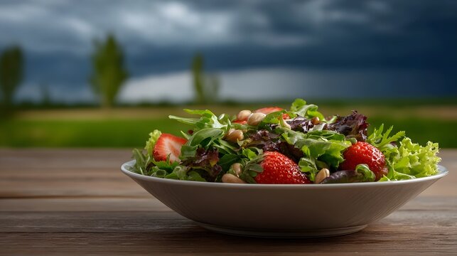 Fresh strawberry and nut salad served outdoors on a rustic wooden table beneath a dramatic stormy sky