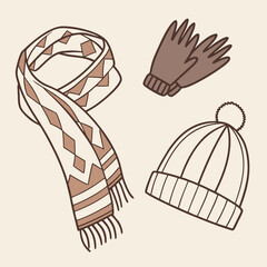 Cozy winter accessories scarf hat and gloves illustration