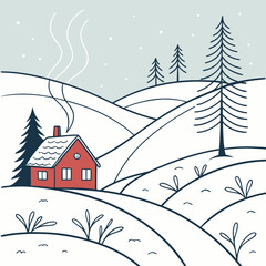 Fototapeta premium Cozy red cabin in a snowy winter landscape with falling snow