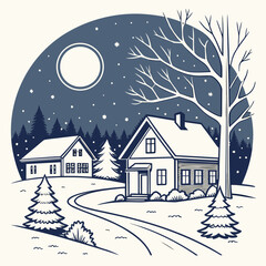 Naklejka premium Cozy winter night scene with houses and snowfall