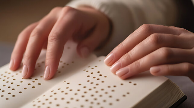 Hands gently trace the tactile braille text, enabling access to knowledge and stories, bridging the gap with accessible text and fostering inclusivity and literacy.