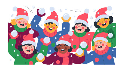 Joyful Winter Play: A delightful winter scene unfolds as children engage in a spirited snowball fight, their faces alight with glee, embodying the simple joys of winter fun and childhood merriment.