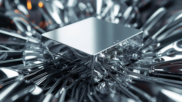 Shiny Silver Microchip with Intricate Metallic Wiring Design