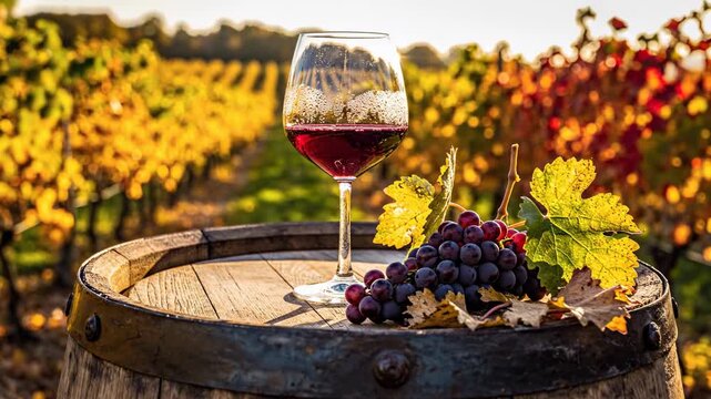 Ta&ccedil;a de vinho e cacho de uvas sobre barril de madeira com vista para vinhedo de outono &ndash; cena de v&iacute;deo.
