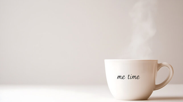 Simple pleasures: A serene image of a steaming mug labeled 'me time', evoking a sense of relaxation, mindfulness, and the enjoyment of quiet moments.