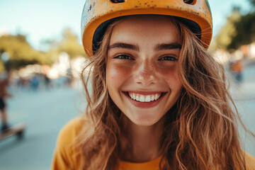 Happy Smiling person Riding Skateboard Outdoor in Urban Park Sunshine Lifestyle Generative AI