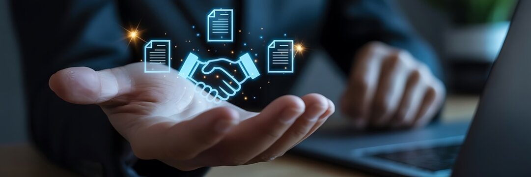 Businessman manage digital procurement process with business contract, invoice, approval documents, representing B2B sourcing, vendor management, supply chain, e-procurement.  supply chain..