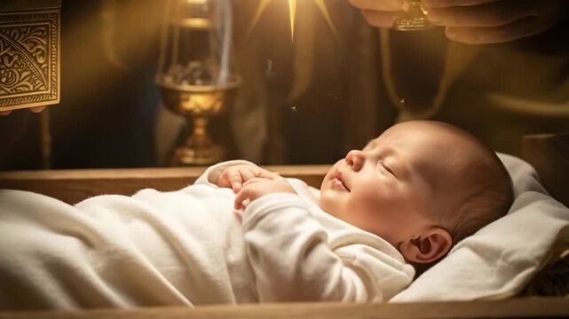 Epiphany: Smiling baby Jesus in a cradle, bathed in light from the Bethlehem star, during the visit of the three Magi presenting gifts – Epiphany, Christmas nativity video scene