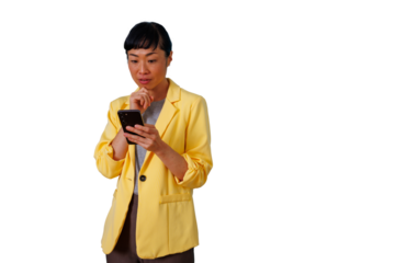 Asian businesswoman analyzing data on smartphone, thinking and planning strategy, wearing yellow blazer, transparent background