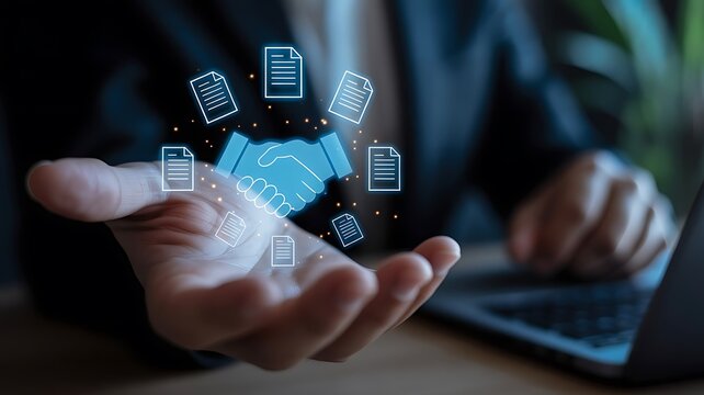 Businessman manage digital procurement process with business contract, invoice, approval documents, representing B2B sourcing, vendor management, supply chain, e-procurement.  supply chain..