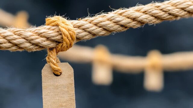 Blank label tag tied to thick rope with knot and space for text