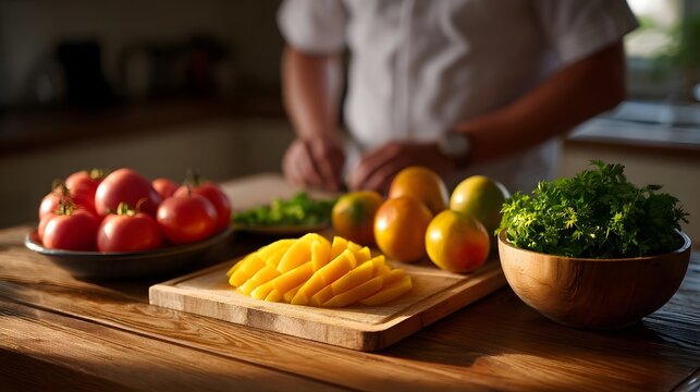 Fresh ingredients like tomatoes mangoes and herbs are arranged on a wooden table in a kitchen prepared for a meal in soft dawn light