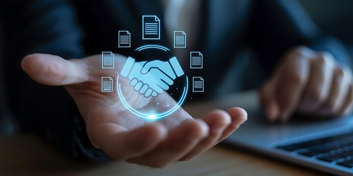 Businessman manage digital procurement process with business contract, invoice, approval documents, representing B2B sourcing, vendor management, supply chain, e-procurement.  supply chain..